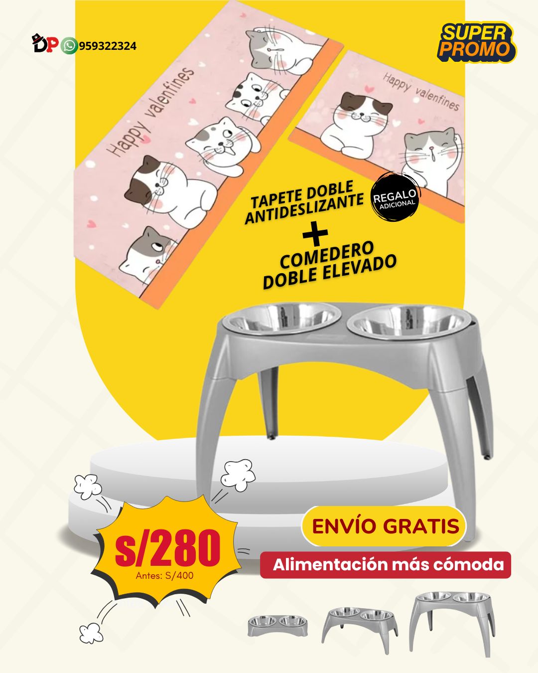 COMEDERO ALIMENTADOR ELEVADO DE 3 NIVELES ASPEN PET + TAPETE DOBLE